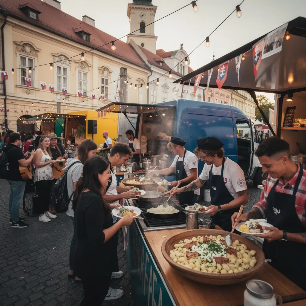 A plate of traditional bryndzové halušky topped with crispy bacon and fresh herbs.