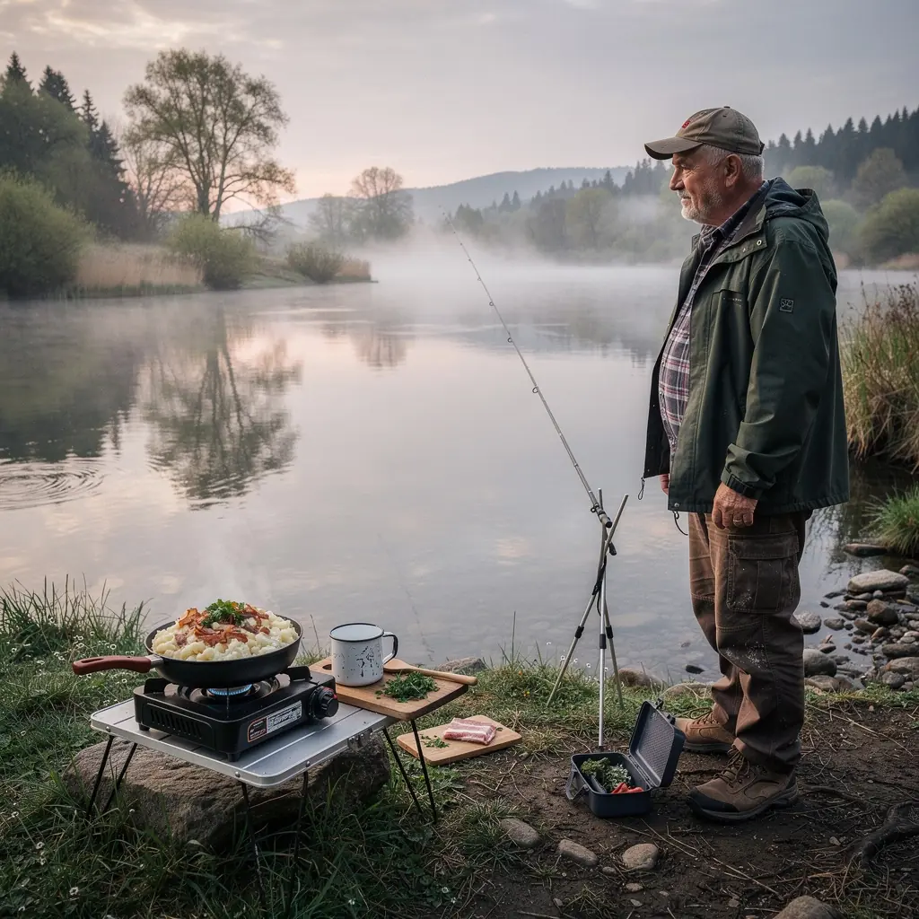 A chef preparing a hearty goulash in a rustic kitchen setting.