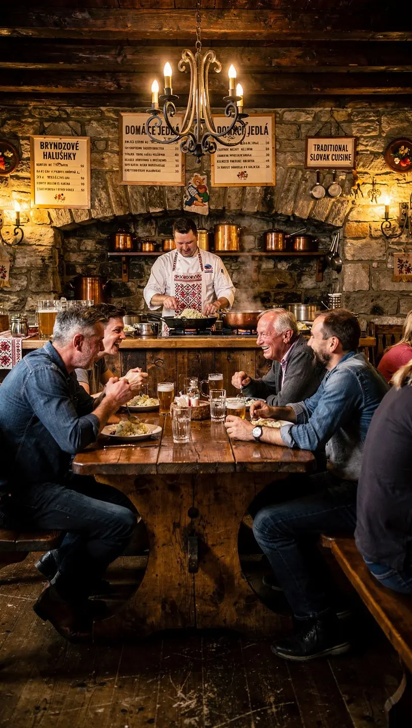 A group of tourists enjoying a cooking class focused on Slovak culinary traditions.